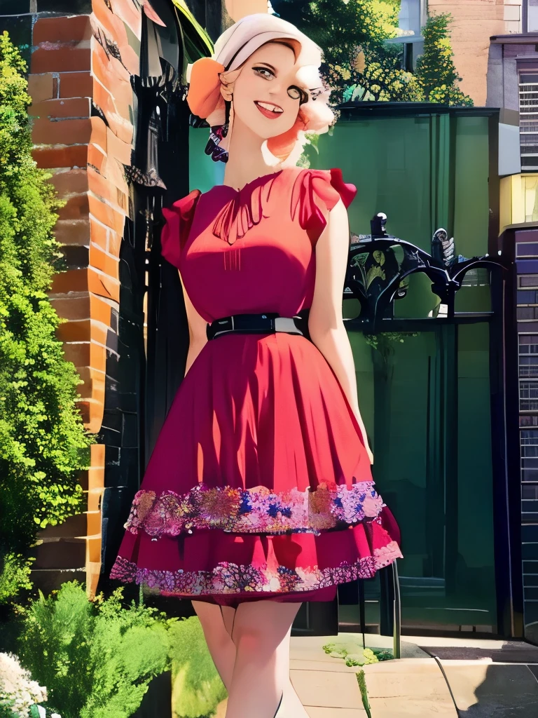 The lady, 20, smiling, while wearing a 1930s dress, full body. Her hair was tied into a Dutch flower braid, standing outside in the sun