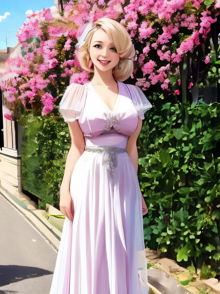 The lady, 20, smiling, while wearing a 1930s dress, full body. Her hair was tied into a Dutch flower braid, standing outside in the sun