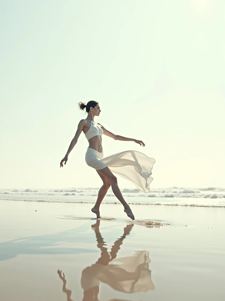 «A dancer leaping through ocean waves, arms raised, body in motion. Captured mid-jump with a Leica SL2-S camera and 24-70mm lens, using natural light for an ultra-detailed, hyper-realistic photograph with artistic motion blur. Splashing water frozen in time around the dancer. Vibrant colors and flawless focus. 3:2 aspect ratio, 750px high resolution.»