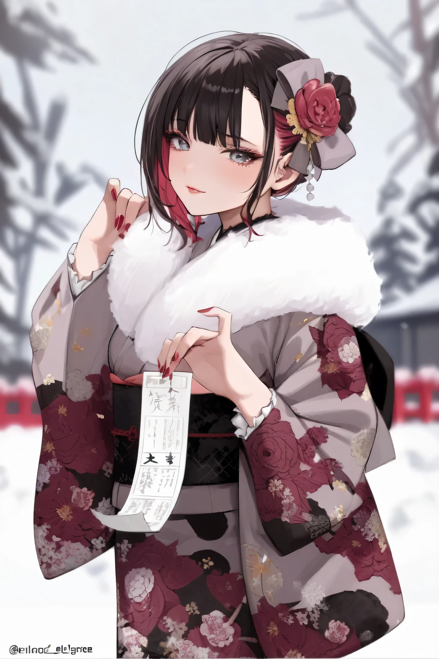 score_9, score_8_up, score_9_up, source_anime, ellenjoe, night, passionless, closed mouth, ellen joe, black hair, sexy body, colored inner hair, multicolored hair, grey eyes, winter, hair tied back, beautiful face, hair tied up, black kimono with red flowers pattern, stunning eyes, red hair, short hair, close-up, two-tone hair, night, new year japanese temple, new year fireworks, morning, nostalgic face, elegant black and red kimono, short kimono, half open kimono, half open kimono, kimono open in the chest, short skirt kimono, white japanese stocking, small breasts, half opened kimono, red spider lily printing in the kimono, pink obi, winter, winter dress, long skirt, lace collar, lace, sexy body, small breasts, two-tone hair, looking at viewer, beautiful eyes, solo, fantasy world, night, beautiful eyes