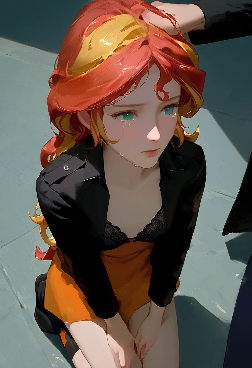 Sunset shimmer de mlp Equestria girls,  black jacket, , Tears, Black bra ,  small breasts , unbuttoned orange shirt,  kneeling fashion,  look at the spectator.  from above , I grab her head , I pull his hair . 