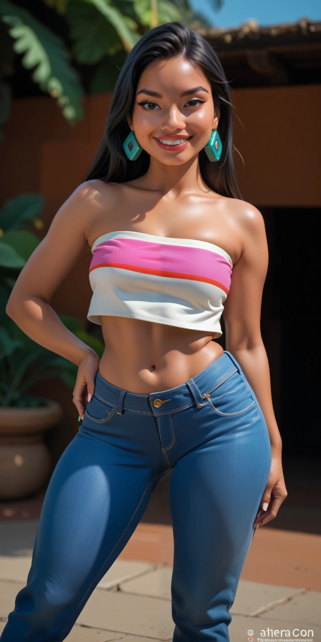 highres, masterpiece, 1girl, chel el dorado cowboy shot, hand on hip, smile, belly, modern clothes, skintight jeans, tube top,