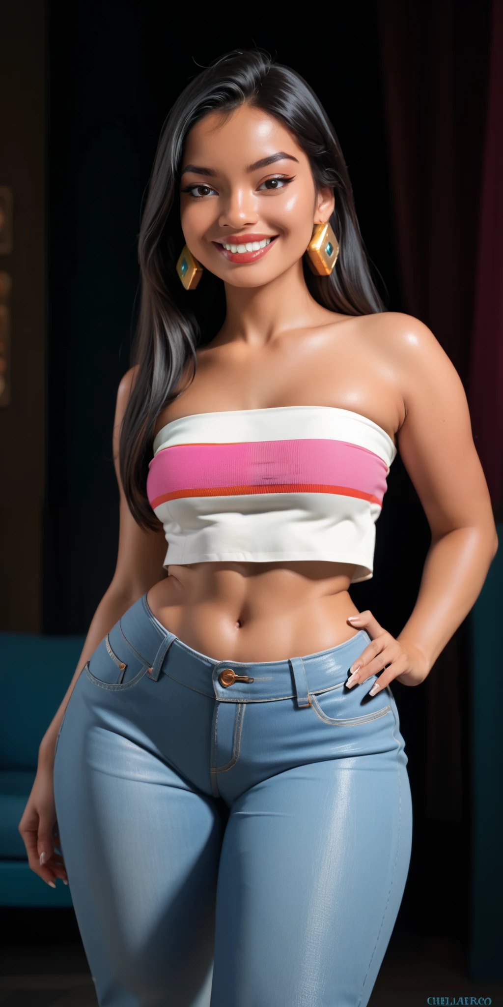 highres, masterpiece, 1girl, chel el dorado cowboy shot, hand on hip, smile, belly, modern clothes, skintight jeans, tube top,