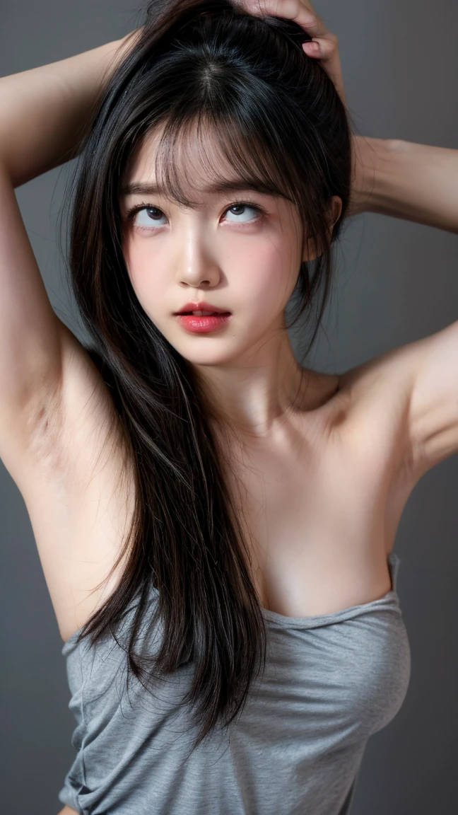 ( Frontを向いた face close-up,  face close-up, Ahehe , Ahehe ,  Raise your arms and show your sides  ),  camisole、Big Breasts、 deep cleavage、Show off your sides 、Sexy armpits、 RAW photos,  color photo  ,  simple gray background  ,  realistic, Front
