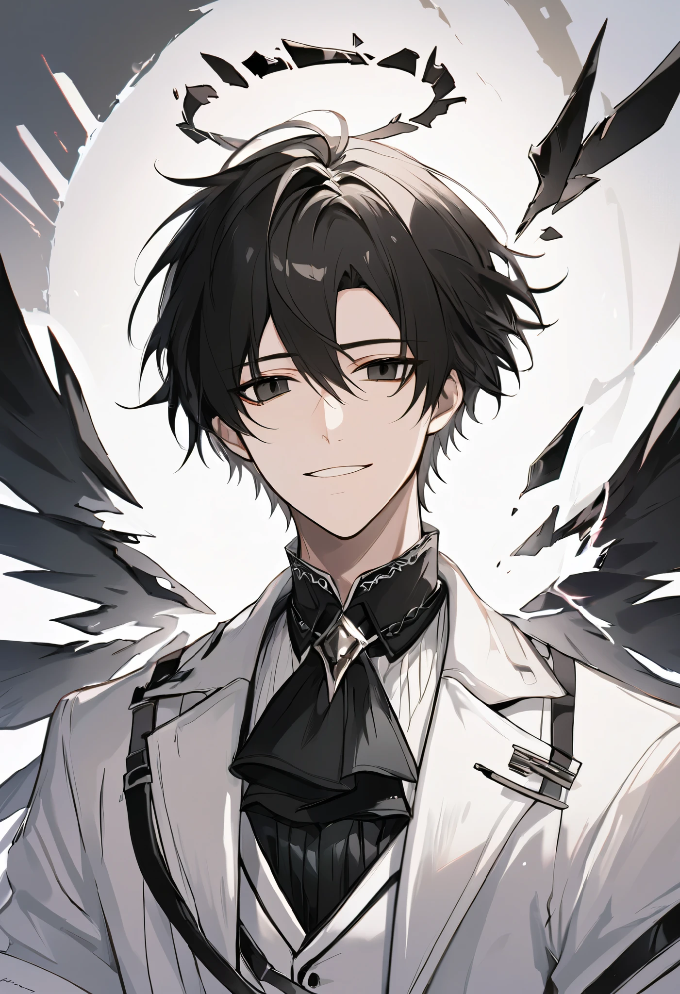 solo, handsome, 1 male, white coat, black cravat, white shirt, short hair, black hair, black eyes, fantasy, broken wings, black halo, arknights, smile facial