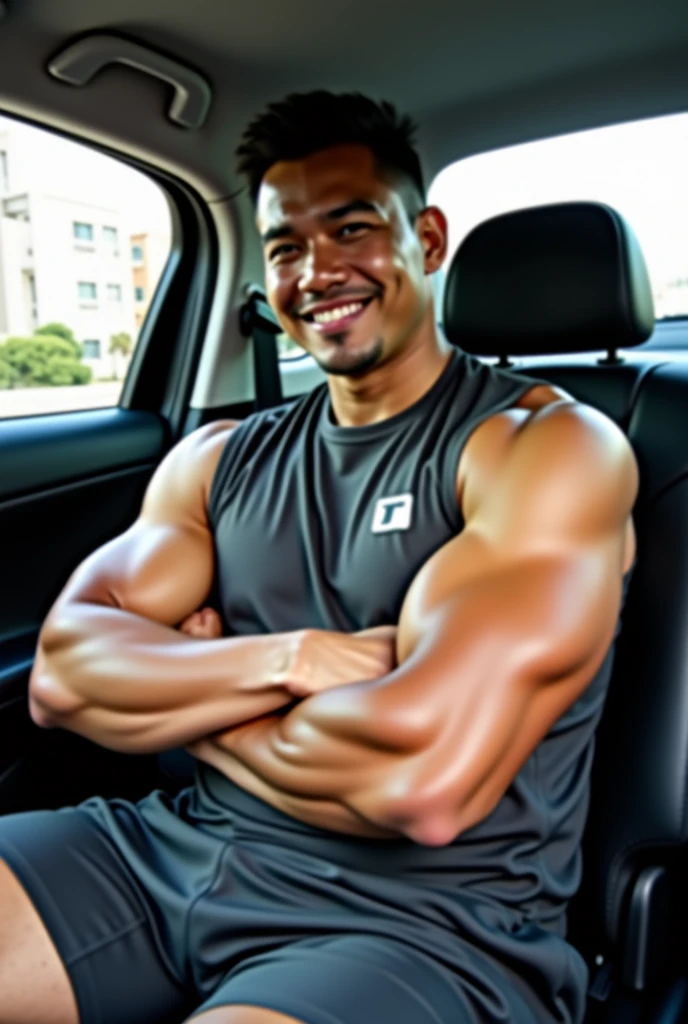 Malay muscular male flexing hard and lifting car