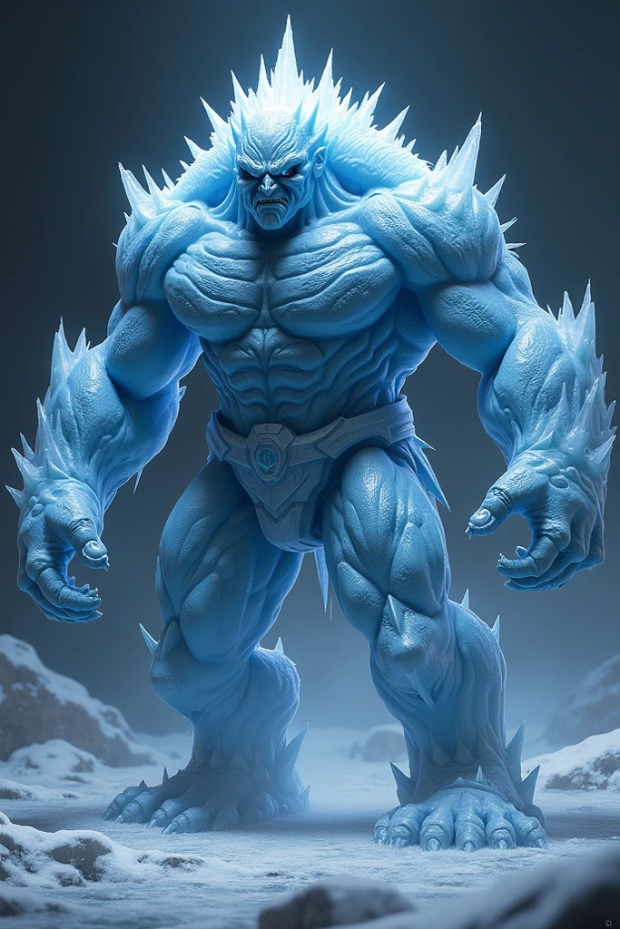 His powers are ice-based and he has the appearance of a blue Hulk. The setting is the Antarctic.