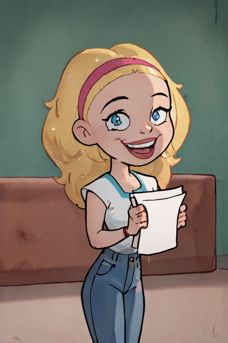 score_9, score_8_up, score_7_up,RoseAD, blonde hair, blue eyes,hairband,white shirt,jeans,looking at viewer,happy