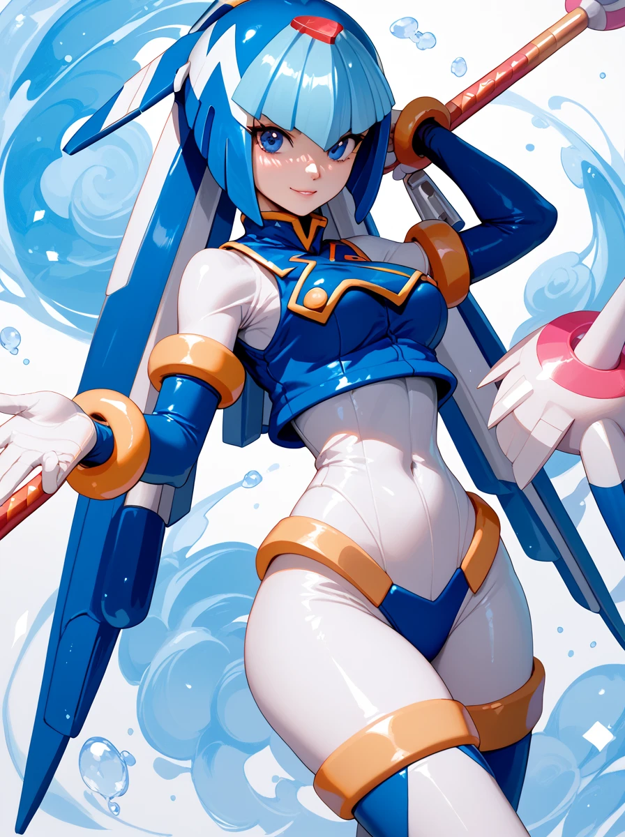 leviathan_megamanz, fairy leviathan (mega man), deep sea, skindentation, looking at viewer, 1girl, smile, white bodysuit, blue thigh boots, diving, summoning ice dragon, water drop, masterpiece), (highly detailed, hdr, vivid colors, depth of field, blurry background), best quality, expressive eyes, perfect face, volumetric lighting, light particles,BREAK, high quality, leviathan_\(mega_man\)