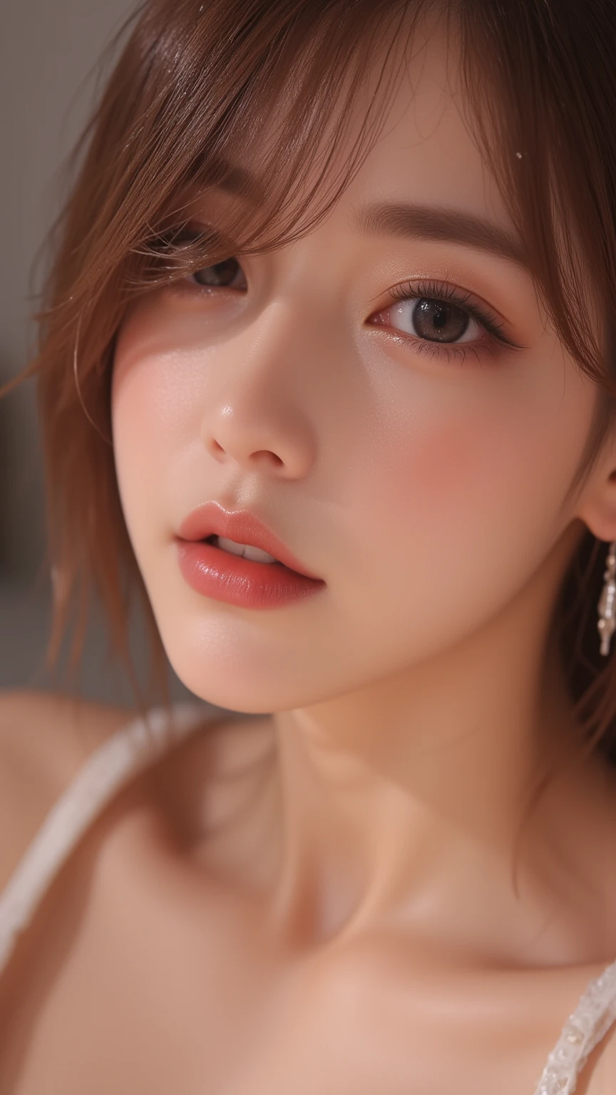  medium close-up , Split , 조glass, jo yuri, glass, (( best quality , 8k, masterpiece :1.3)), 1 woman,  A beautiful woman who emphasizes slender abs :1.3, ( Dark Brown Hair , Tags ,  huge boobs  :1.2), Wet body:1.2, ,  ultra high definition face ,  detailed eyes,  double eyelids