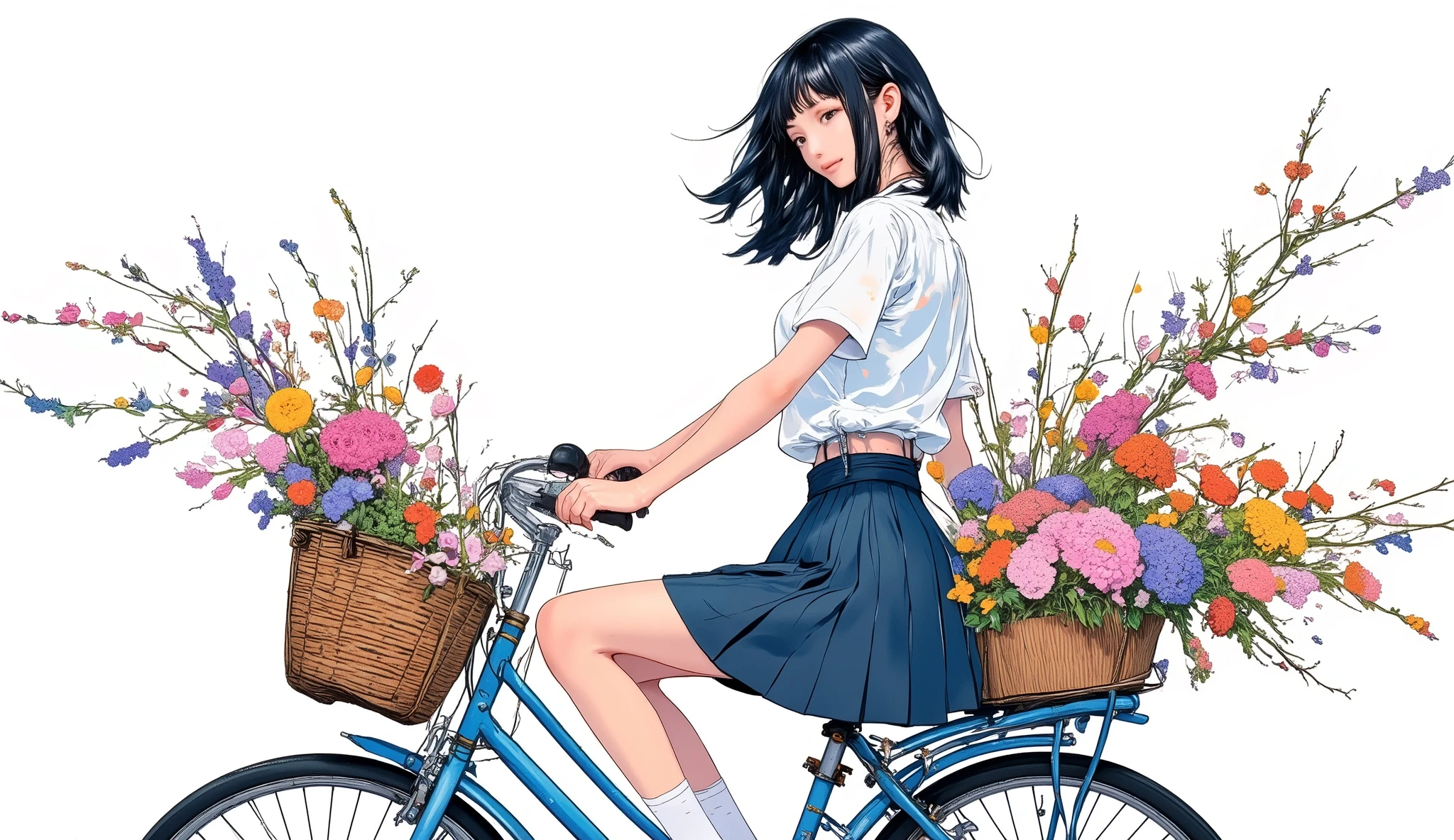  Anatomically Correct ,  Beautiful full body girl  ,    sitting on a bicycle with baskets full of flowers, ((Manga style:1.5)), Linear  ,  She is profile   , ( masterpiece,  highest quality :1.2),  reality 、 A person riding a bicycle , alone、 high school girl 、uniform、from the side、 white background、 white background、watercolor style、