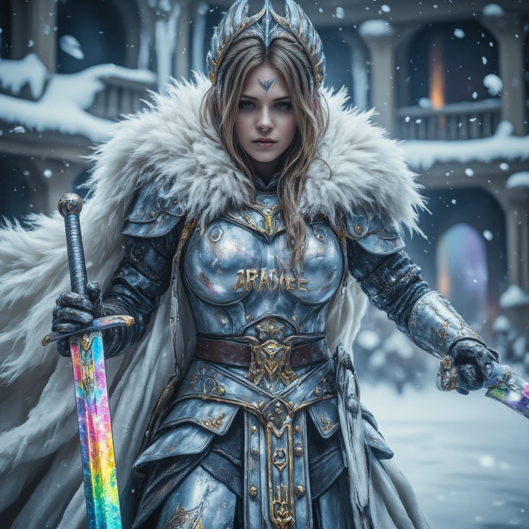 Imagine a warrior queen donned in shining silver armor with a white fur cloak. Dynamically wields dual sword with rainbow colored blades in a defensive pose. Dynamic fighting pose. A small snow covered colleseum is her fighting arena. The name "Aradaeee" largely on her armor with rainbow letters. A freezing and windy blizzard atmosphere. Icecicles. High Resolution, Masterpiece, Award Winning, Hyperdetailed, Hyperrealism, Depth Of Field, Image Fill, Floating particles, Dynamic pose.