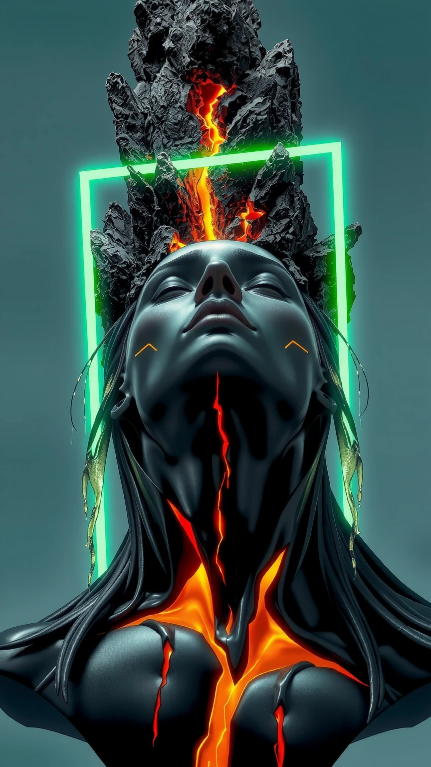 This image is a stunning portrayal of a futuristic male figure, blending hyper-realism with surrealist design. At its center is a humanoid bust, its surface an intricate interplay of polished, obsidian-like textures and sharp, angular cuts that streak across the face and neck. These obsidian fractures expose glowing, molten veins of orange and gold beneath the dark, glossy exterior, evoking the image of a living, volcanic entity. The smooth, black surface reflects light with an almost liquid brilliance, giving the figure a striking, otherworldly presence.

The face is sharp and angular, exuding strength and intensity. Long, flowing hair cascades around the head, merging seamlessly into the obsidian structure, with strands appearing almost as extensions of molten stone, glowing faintly at the tips. The figure’s expression is one of calm power, the head tilted upward as if transcending its physical form, lips closed in a contemplative pose.

Crowning the figure is a radiant, neon-green rectangle, cutting through jagged, volcanic rock formations that hover above the head. The glowing green plane emits a powerful luminescence, casting vivid light onto the face and hair while illuminating the cracks in the obsidian. Thick streams of fluorescent-green liquid drip from the edges of the rectangle and the rocks, their motion captured mid-flow, appearing alive as they cascade downward.

The backdrop is a minimalist gradient of muted cyan and gray, allowing the subject to dominate the composition. The contrast between the organic, rugged textures of the obsidian and the geometric precision of the glowing green rectangle highlights the tension between natural chaos and synthetic order. This artwork captures a transcendent male figure, both primal power and futuristic sophistication in a moment of cosmic balance.