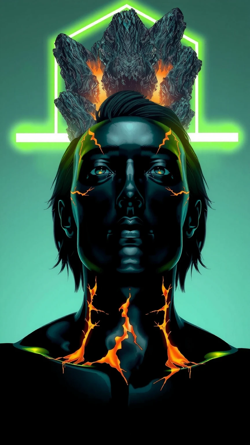 This image is a stunning portrayal of a futuristic male figure, blending hyper-realism with surrealist design. At its center is a humanoid bust, its surface an intricate interplay of polished, obsidian-like textures and sharp, angular cuts that streak across the face and neck. These obsidian fractures expose glowing, molten veins of orange and gold beneath the dark, glossy exterior, evoking the image of a living, volcanic entity. The smooth, black surface reflects light with an almost liquid brilliance, giving the figure a striking, otherworldly presence.

The face is sharp and angular, exuding strength and intensity. Long, flowing hair cascades around the head, merging seamlessly into the obsidian structure, with strands appearing almost as extensions of molten stone, glowing faintly at the tips. The figure’s expression is one of calm power, the head tilted upward as if transcending its physical form, lips closed in a contemplative pose.

Crowning the figure is a radiant, neon-green rectangle, cutting through jagged, volcanic rock formations that hover above the head. The glowing green plane emits a powerful luminescence, casting vivid light onto the face and hair while illuminating the cracks in the obsidian. Thick streams of fluorescent-green liquid drip from the edges of the rectangle and the rocks, their motion captured mid-flow, appearing alive as they cascade downward.

The backdrop is a minimalist gradient of muted cyan and gray, allowing the subject to dominate the composition. The contrast between the organic, rugged textures of the obsidian and the geometric precision of the glowing green rectangle highlights the tension between natural chaos and synthetic order. This artwork captures a transcendent male figure, both primal power and futuristic sophistication in a moment of cosmic balance.