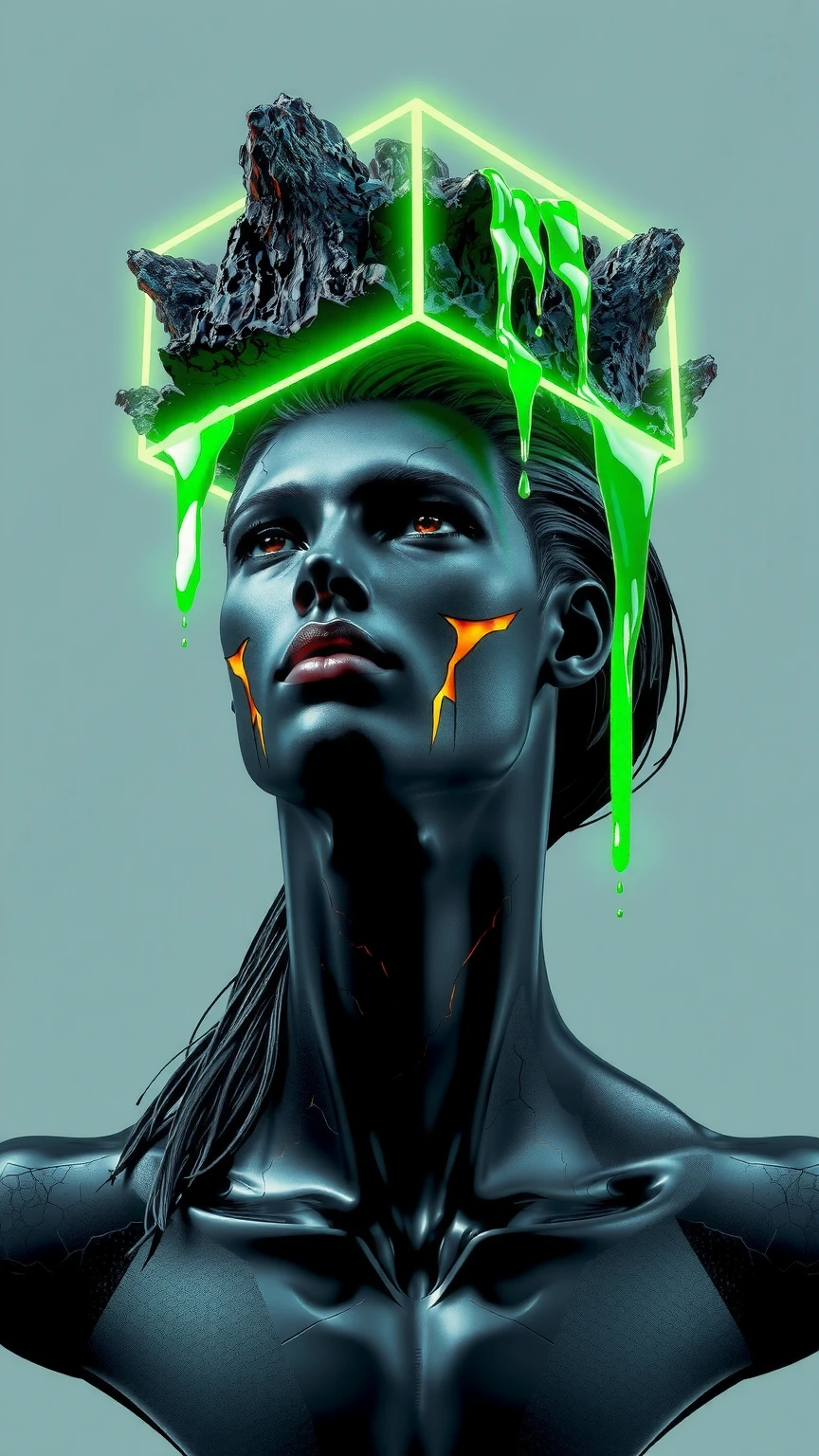 This image is a stunning portrayal of a futuristic male figure, blending hyper-realism with surrealist design. At its center is a humanoid bust, its surface an intricate interplay of polished, obsidian-like textures and sharp, angular cuts that streak across the face and neck. These obsidian fractures expose glowing, molten veins of orange and gold beneath the dark, glossy exterior, evoking the image of a living, volcanic entity. The smooth, black surface reflects light with an almost liquid brilliance, giving the figure a striking, otherworldly presence.

The face is sharp and angular, exuding strength and intensity. Long, flowing hair cascades around the head, merging seamlessly into the obsidian structure, with strands appearing almost as extensions of molten stone, glowing faintly at the tips. The figure’s expression is one of calm power, the head tilted upward as if transcending its physical form, lips closed in a contemplative pose.

Crowning the figure is a radiant, neon-green rectangle, cutting through jagged, volcanic rock formations that hover above the head. The glowing green plane emits a powerful luminescence, casting vivid light onto the face and hair while illuminating the cracks in the obsidian. Thick streams of fluorescent-green liquid drip from the edges of the rectangle and the rocks, their motion captured mid-flow, appearing alive as they cascade downward.

The backdrop is a minimalist gradient of muted cyan and gray, allowing the subject to dominate the composition. The contrast between the organic, rugged textures of the obsidian and the geometric precision of the glowing green rectangle highlights the tension between natural chaos and synthetic order. This artwork captures a transcendent male figure, both primal power and futuristic sophistication in a moment of cosmic balance.