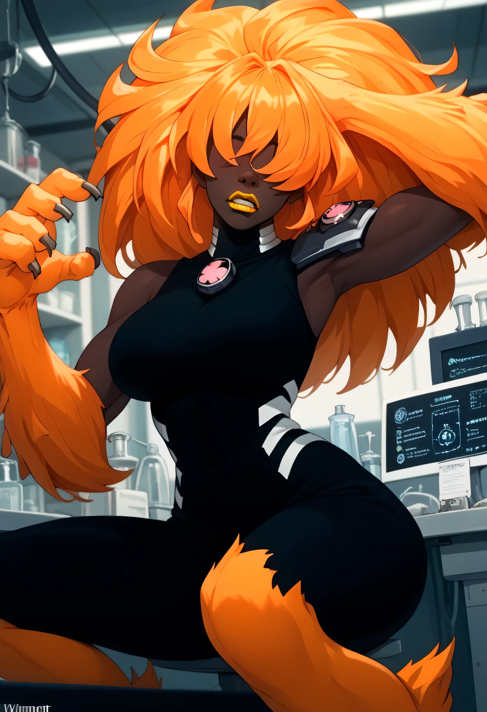 woman, big breasts, yellow lipstick, anime style, orange hair, hair covering eyes, black skin, laboratory, claws, beast, beast woman, strong, big hair, Wildmutt, Vulpimancer chaquetrix 