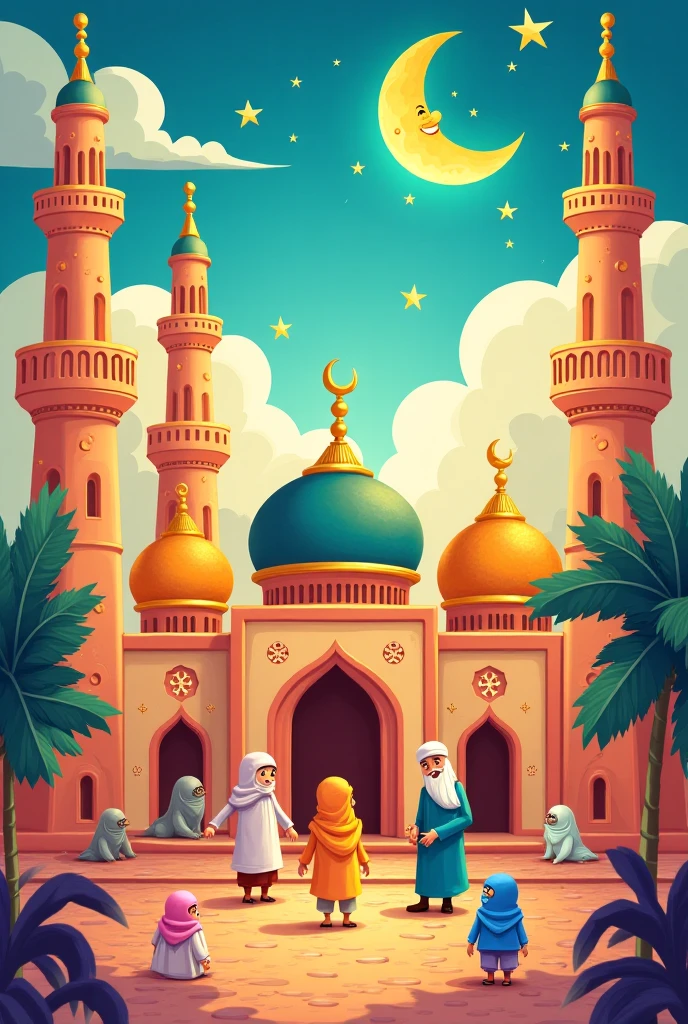 Make a book cover for suitable for kids

- blue and white small mosque with a small palm tree and some designs. Mosque in the road . In the middle hijabi kids and boys
- in the road include muslim shops 
- put some lanterns 
- include sky with moon and stars in day time
- make picture very colorful 
- make picture cartoon style