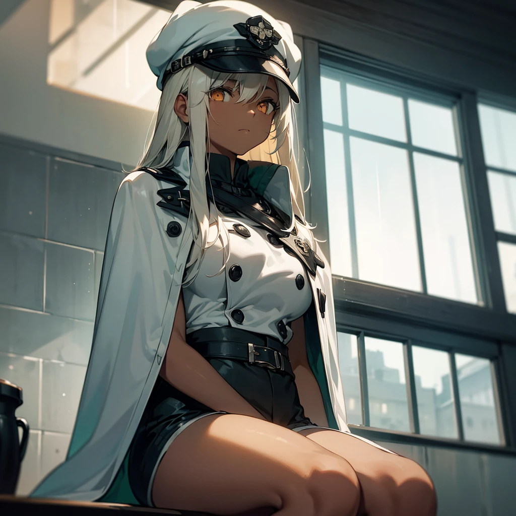 (​masterpiece, top-quality, hight resolution, Unity 8k, extremely details CG:1,Best Picture), ramlethalms, dark-skinned female, hat, orange eyes, short shorts, colored eyelashes, 1girl, "A woman sitting alone in a dimly lit room, her gaze distant and unfocused, staring out of a rain-covered window. Her expression is calm yet melancholic, as if she has accepted an inevitable fate. Her posture is relaxed but slightly slouched, with her hands resting loosely on her lap. She is wearing a simple, understated outfit, with muted colors that reflect her mood. The light from the outside is soft and gray, creating a somber atmosphere, while the faint sound of raindrops hitting the glass adds to the quiet resignation of the scene. Her hair is slightly disheveled, falling naturally over her shoulders, further emphasizing her lack of resistance to the world around her."