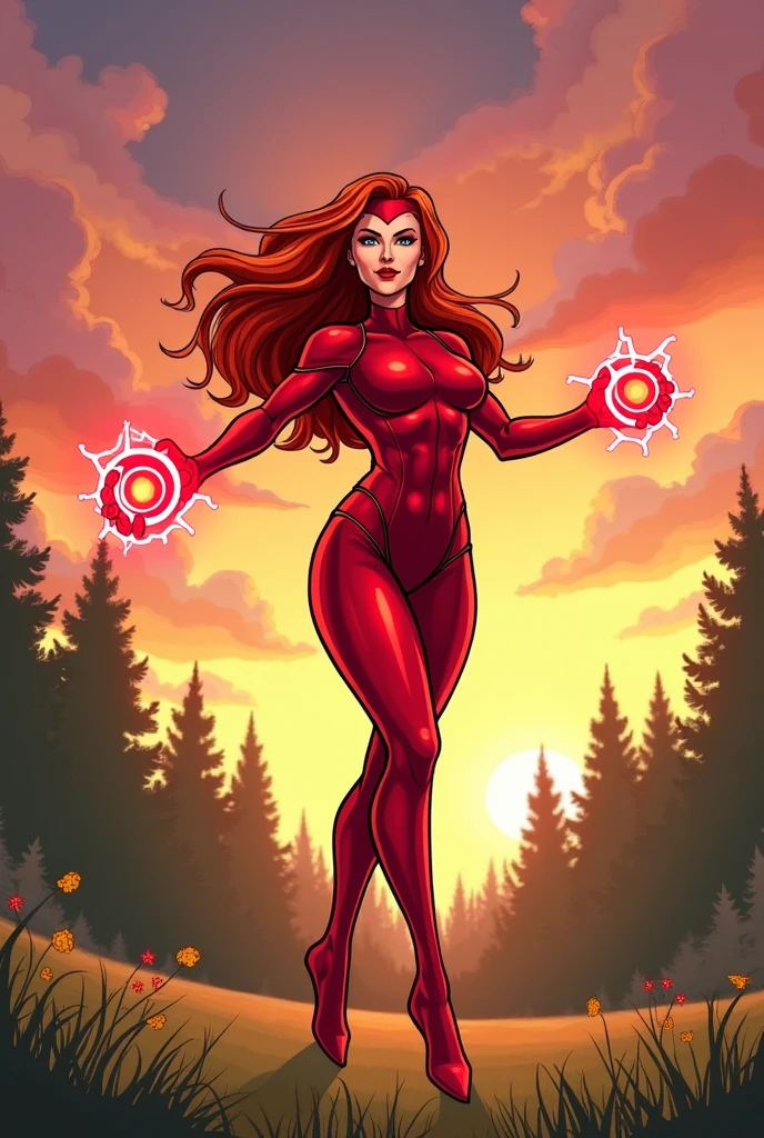 (((A comical style, cartoon artwork))). view from behind. Scarlet Witch is out in the open, floating in mid - air, surrounded by dense forest. She is wearing her signature red outfit and is floating in mid - air, with arms extended to the sides. in her hands, she holds a glowing red ball of energy, (((hot body, athletic body, sexly, camel fingers))), russet hair, Agry Cara, hot girl, that seems to be pulsing with power. No fundo, we can see the sun setting on the horizon, leaving the sky orange and pink. The forest around you seems peaceful, but there is a feeling of tension in the air, like something is about to happen.

