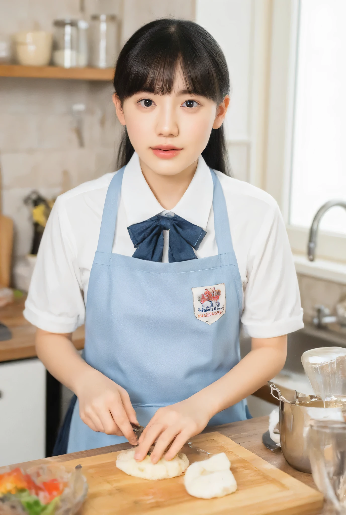 20 years old girl (Japanese cute face) wearing mini skirt and apron at beach house