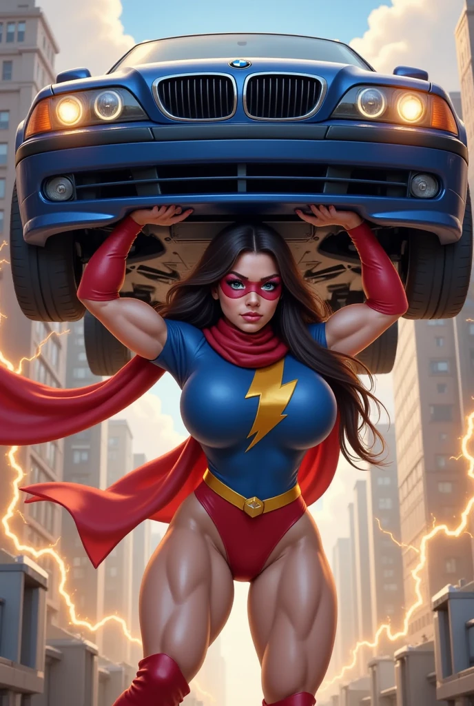 SEMI REALISTIC CARTOON STYLE. A SEXY TEEN BRUNETTE FEMALE WEARING A BLUE SHIRT WITH A GOLD SLANTED LIGHTNING BOLT ON TOP OF A RED BODY SUIT, A RED SCARF AROUND HER WAIST, RED BOOTS, A LONG RED SCARF AROUND HER NECK, BLUE EYES, AND A RED DOMINO EYE MASK. LIGHTNING BOLTS STRIKING HER CHEST. LONG HAIR, BREASTS, HIGH RESOLUTION, BEST QUALITY, DETAIL, HIGH DETAILS, SUPER DETAILED, TEXTURED SKIN, BACKGROUND. HOLDING A FULL SIZE BMW CAR ABOVE HER HEAD. SHE IS MS MARVEL.