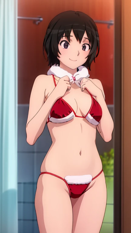 A girl, alone, black hair, short hair, sonrisa, sexy red Christmas bikini, upper body 