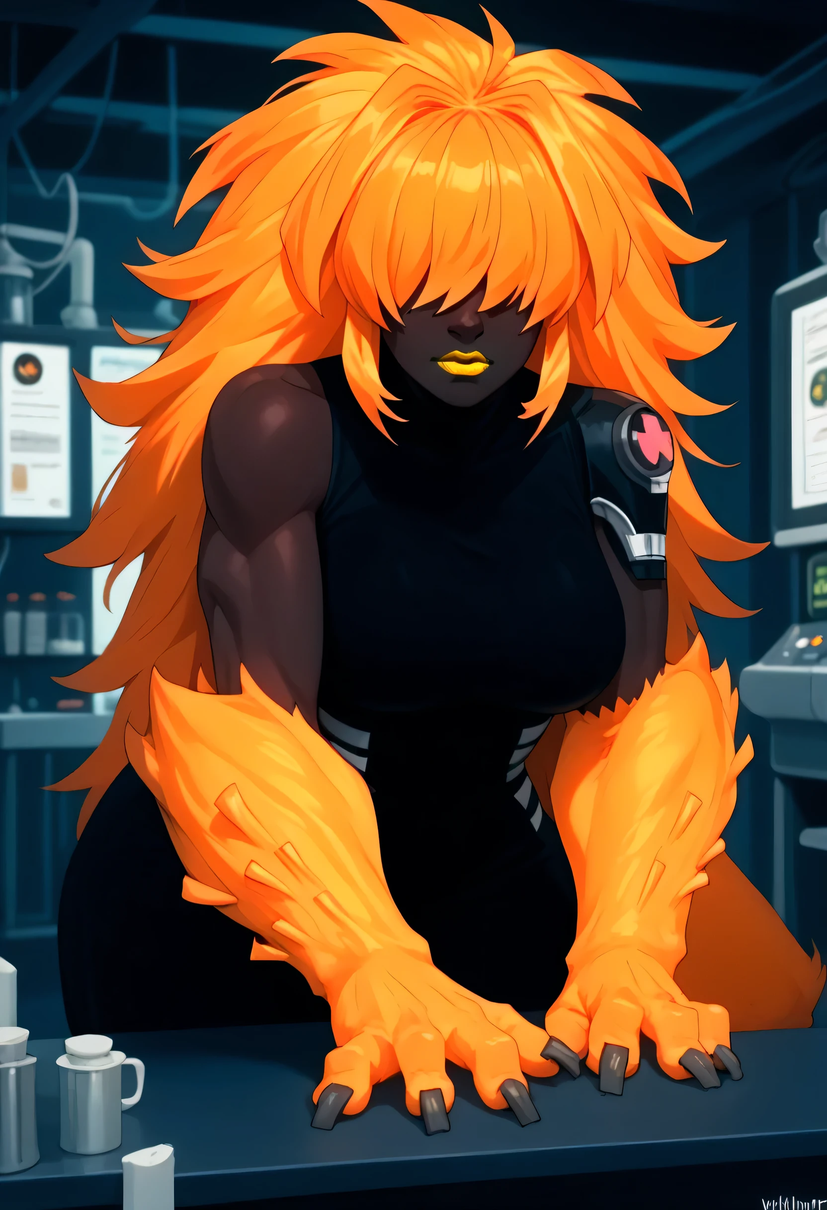 woman, big breasts, yellow lipstick, anime style, orange hair, hair covering eyes, black skin, laboratory, claws, beast, beast woman, strong, big hair, Wildmutt, Vulpimancer chaquetrix 
