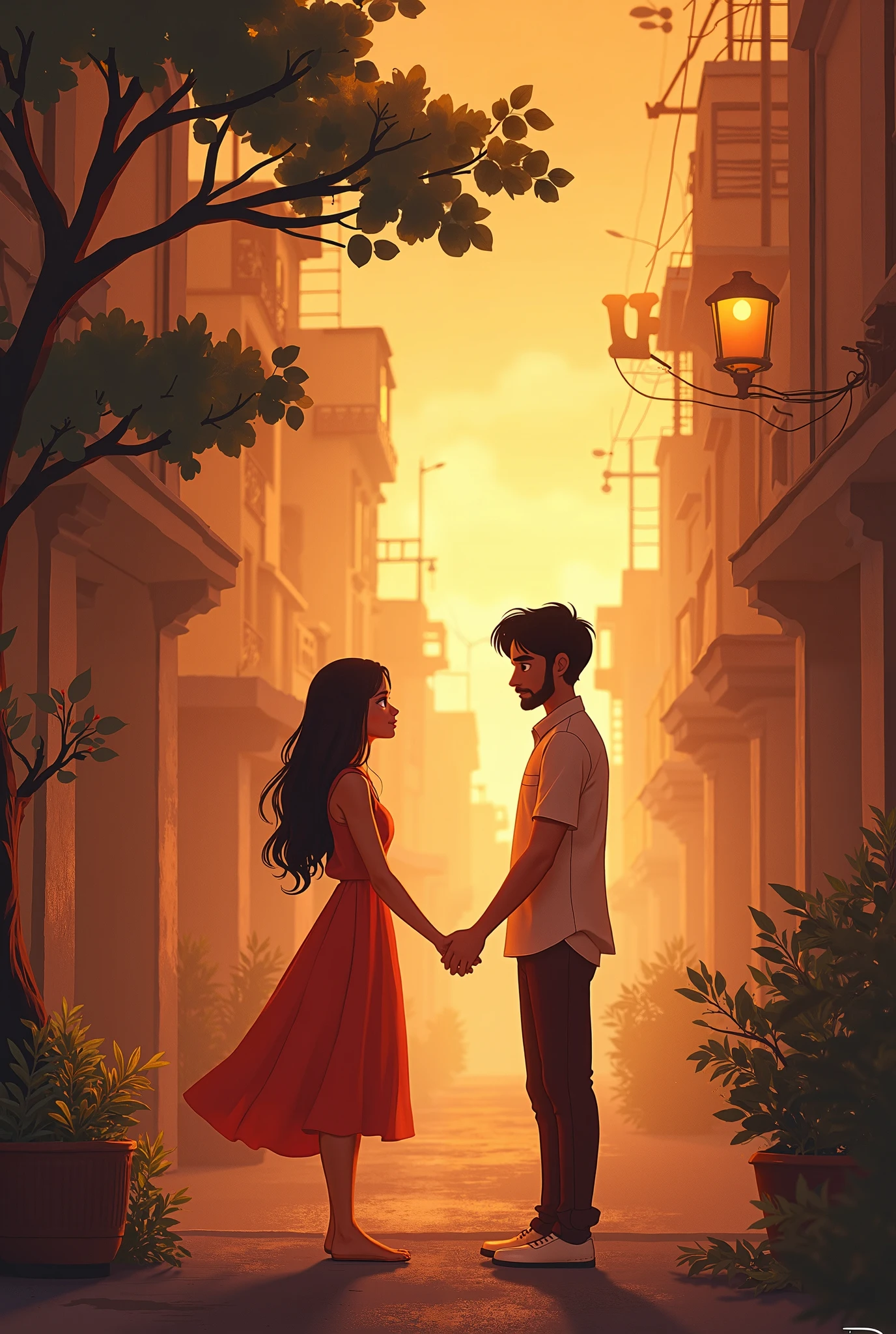 There is a man and woman holding hands in a street - SeaArt AI