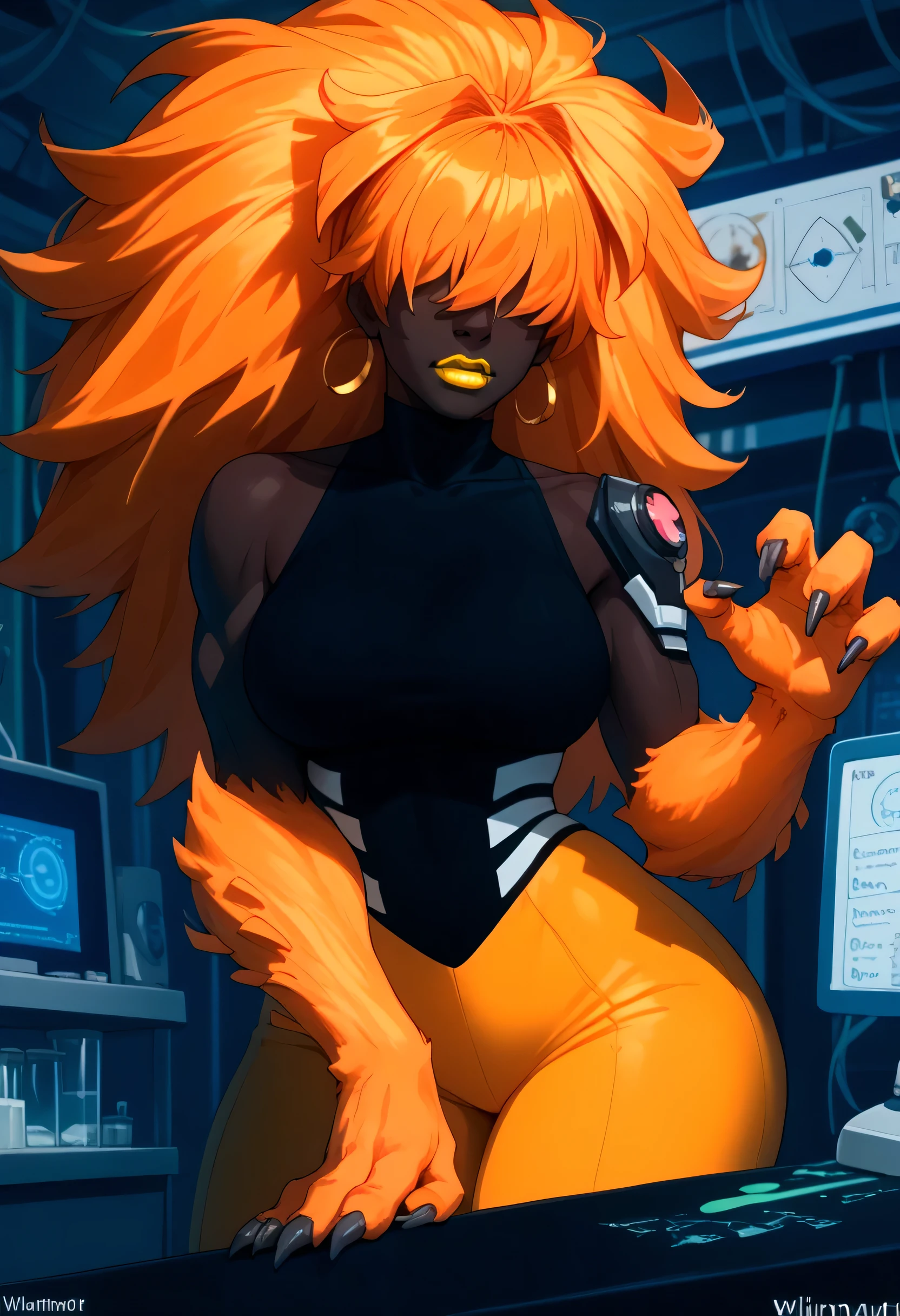 woman, big breasts, yellow lipstick, anime style, orange hair, hair covering eyes, black skin, laboratory, claws, beast, beast woman, strong, big hair, Wildmutt, Vulpimancer chaquetrix 