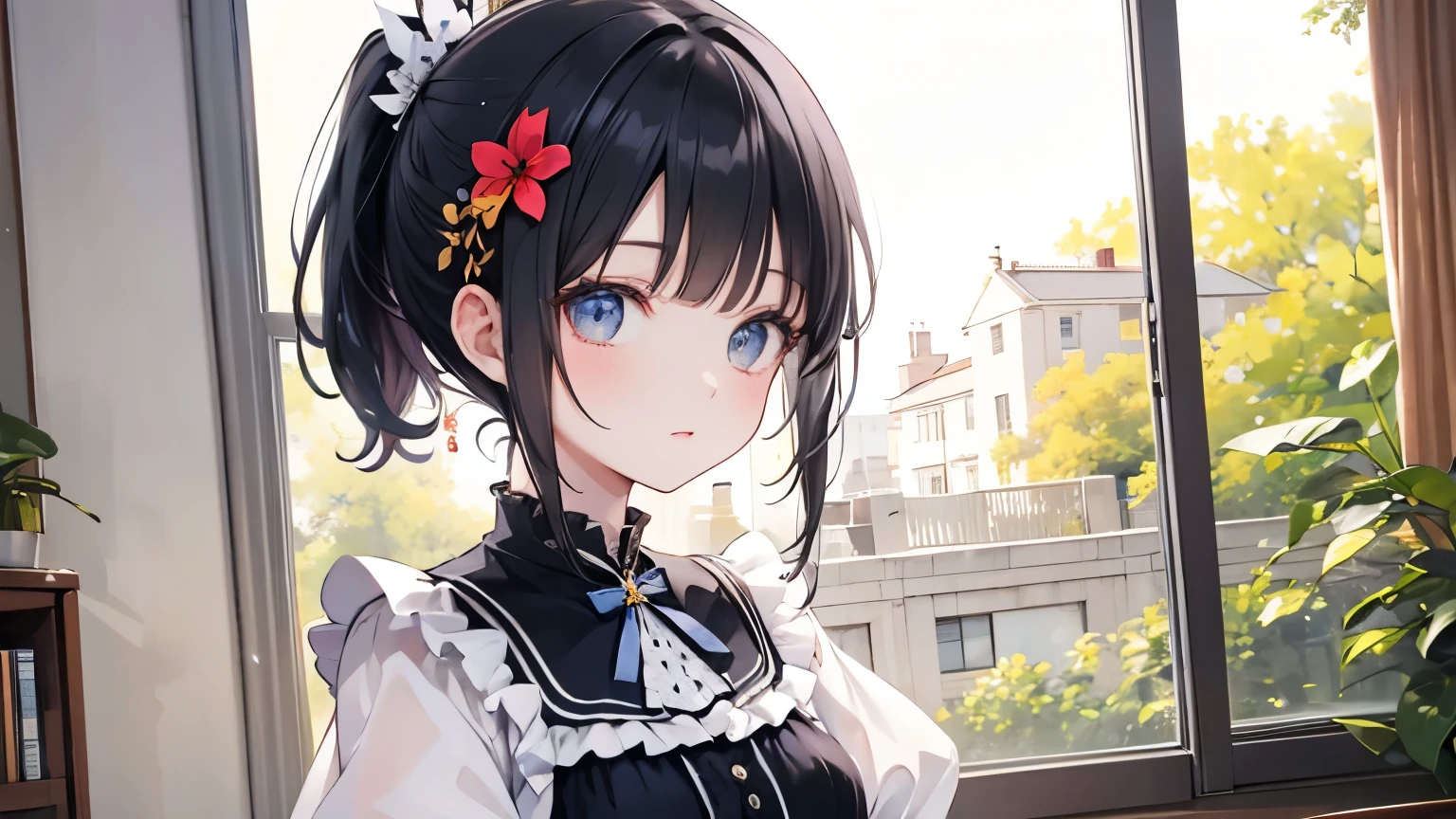 and lots of frills　Black hair ponytail with hair ornament　 upper body