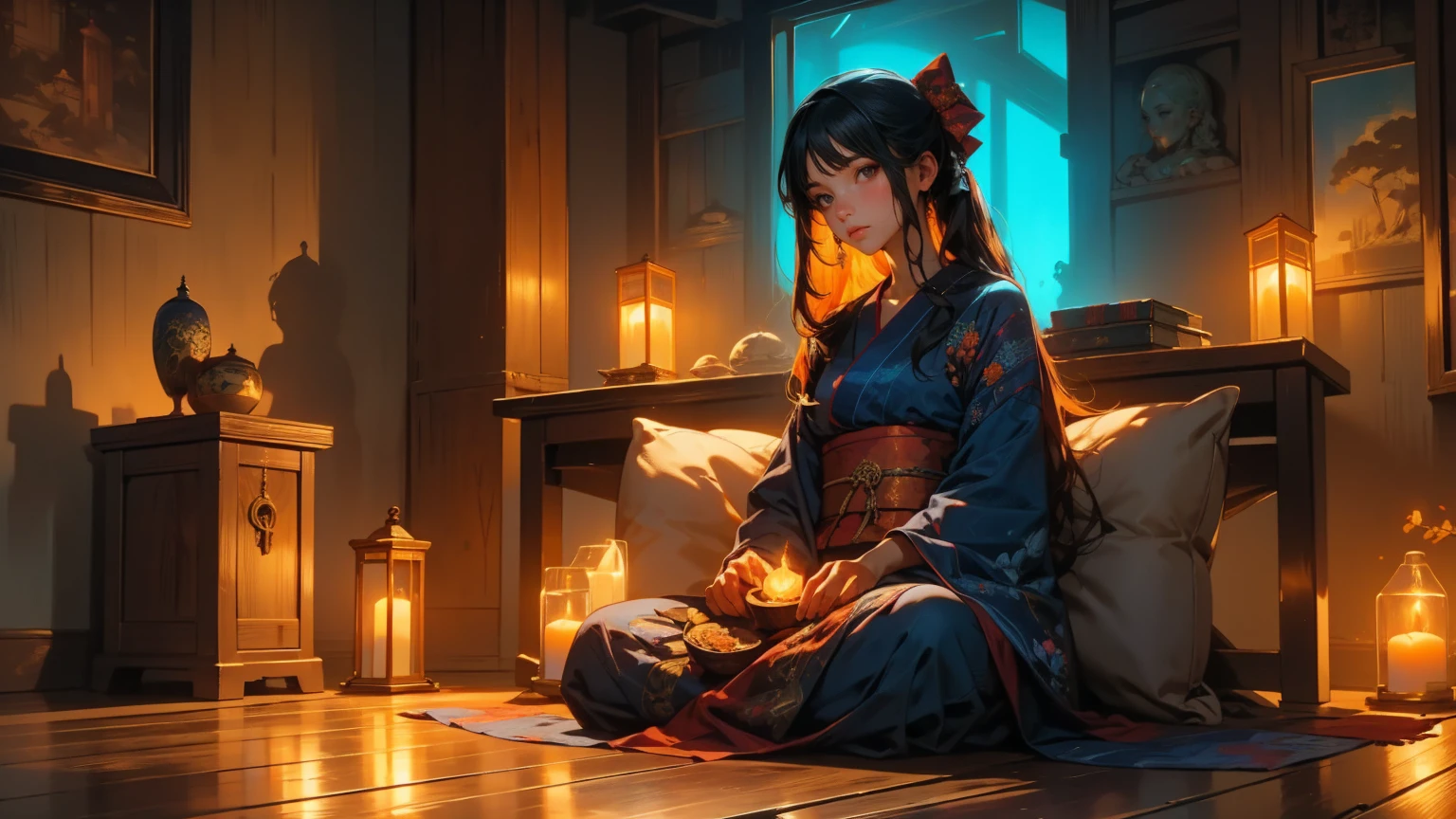 A girl, 1 girl, elaborate navy blue kimono, elaborately decorated ancient-Japanese hair, black eyes. pose: sitting facing the viewer, on a red cushion,head slightly bow,playing the shamisen. Setting: Night, traditional Japanese wooden room, wooden floor, Japanese style candle holder. Candle light, dim, soft, orange light, with shadows.