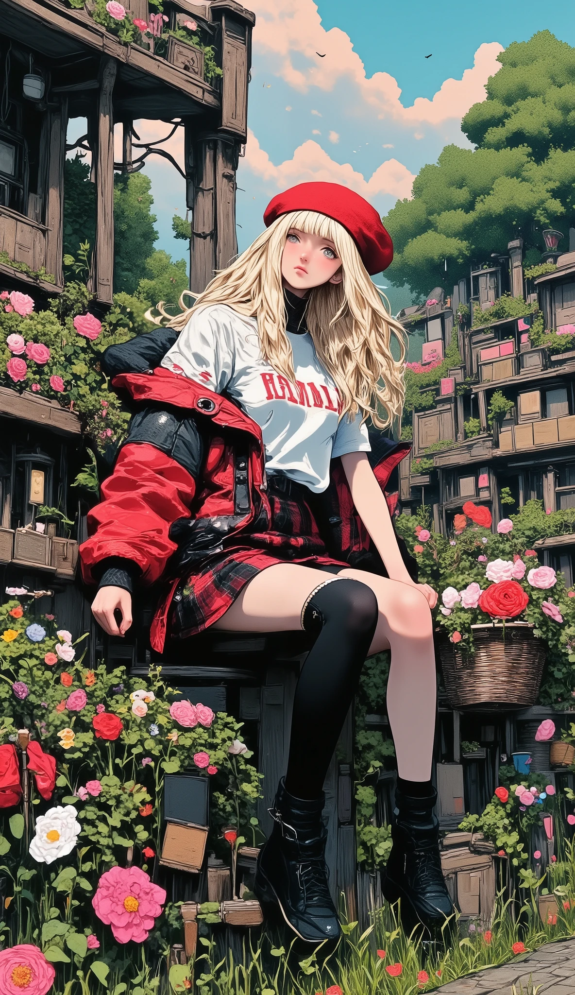  Anatomically Correct ,  Beautiful full body girl  ,   sitting on a bicycle with baskets full of flowers, ((Manga style:1.5)), Linear  ,   she is half profile   ,   red and black plaid miniskirt   ,   three-quarter fishnet stockings   , long black boots,   white sweatshirt with red letters   ,   fluttering in the wind   , red wool hat   ,    red and black jacket that falls on your shoulders   ,  field background at dusk   , flores ,   an anime drawing by Masamune Shirow   ,   dynamic and sensual pose   , trend on pixiv, Furry art, Danganronpa digital art,   Anime style ,   Anime style ”, Blonde anime girl with long hair ,   High-quality anime art style   ,   ranked among the best in pixiv   ,   Beautiful high school anime girl   , obra de arte de   Anime style ,   anime illustration trend  