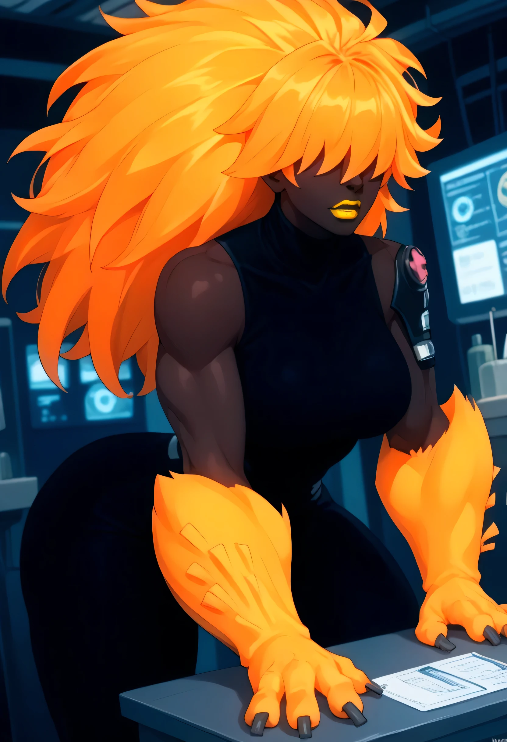 woman, , yellow lipstick, anime style, orange hair, hair covering eyes, black skin, laboratory, claws, beast, beast woman, strong, big hair, Wildmutt, Vulpimancer chaquetrix 