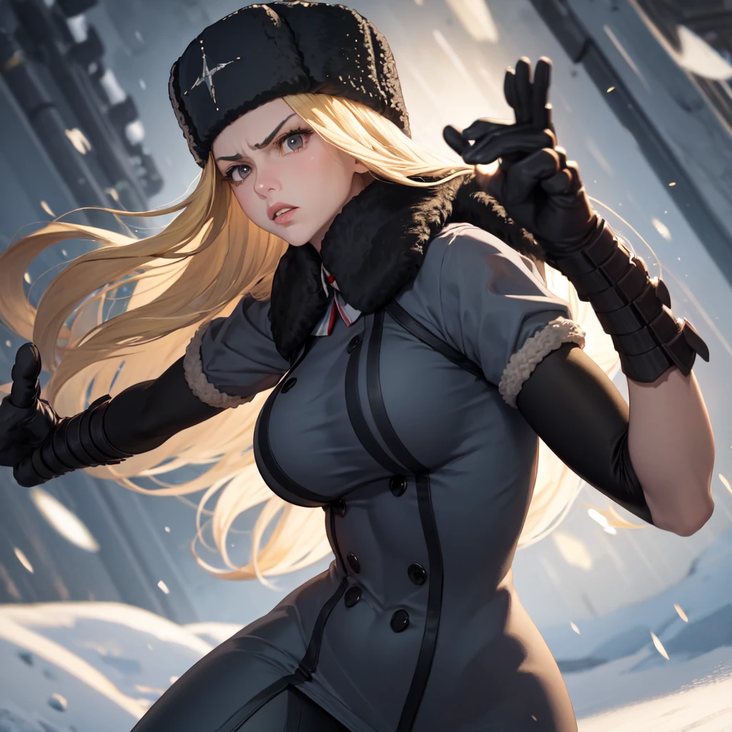 ultra-detailed, Explicit, Beautiful body, Beautiful Nose, Beautiful character design, perfect eyes, perfect face, ultra highres, 4K, beautiful legs, perfect legs, Nice hands, Perfect hand, Masterpiece, Best Quality, Highly detailed, illustration, absurdres, street fighter, doll suit, shadaloo doll, dollsuit, 1girl, solo, expressionless, blank eyes, looking at viewer, red gloves, emotionless, black latex, corrution, mind control, female combatant, full body, hypnotized, unhappy trance, full body suit, ribbed bodysuit, both arms at side, obey, perfect female body, extremely glossy latex, hypnosis, hypnoLora, empty eyes, Mind control device, poses, brainwashed, submissive_pose, Slave, hat, necktie, stand up straight, standing, standing at attention, belt, fighting stance, latex, garter belt, thighhighs, blue eyes, long hair, blonde hair, Joan of Arc, bladestorml: The Hundred Years’War, shadaloo flag, flower