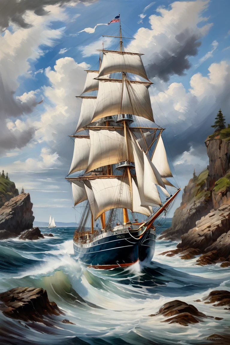 Oil painting,soft brush strokes Amidst the rocky shore and the waves, a large Victorian yacht, richly decorated with many sails, against a backdrop of white and gray clouds and a blue sky.