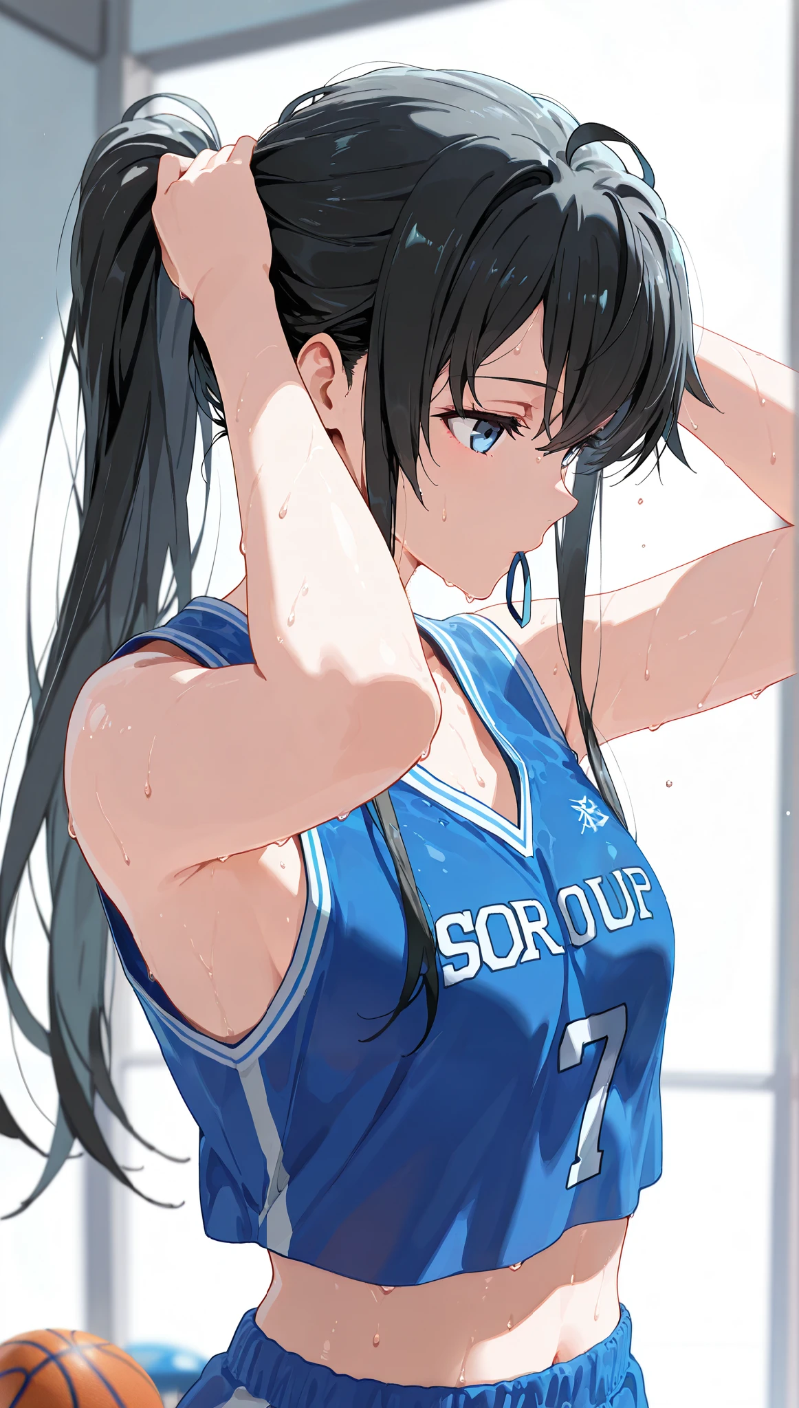 Stunning athlete, With graceful physique and agile movements, Curly black hair tied up in a high ponytail, Volleyball uniform, Moment of attack, Indoor court, Uplifting atmosphere, Emotional intensity, Realistic imagery, Vivid colors, Ultra-detailed, High resolution, Sharp focus, Physically-based rendering, Bokeh effect, Dynamic light and shadow, Emphasis on mobility, Raw photo style, Exceeding motion blur, Athlete's sweat gleaming, Professional quality, 4K.