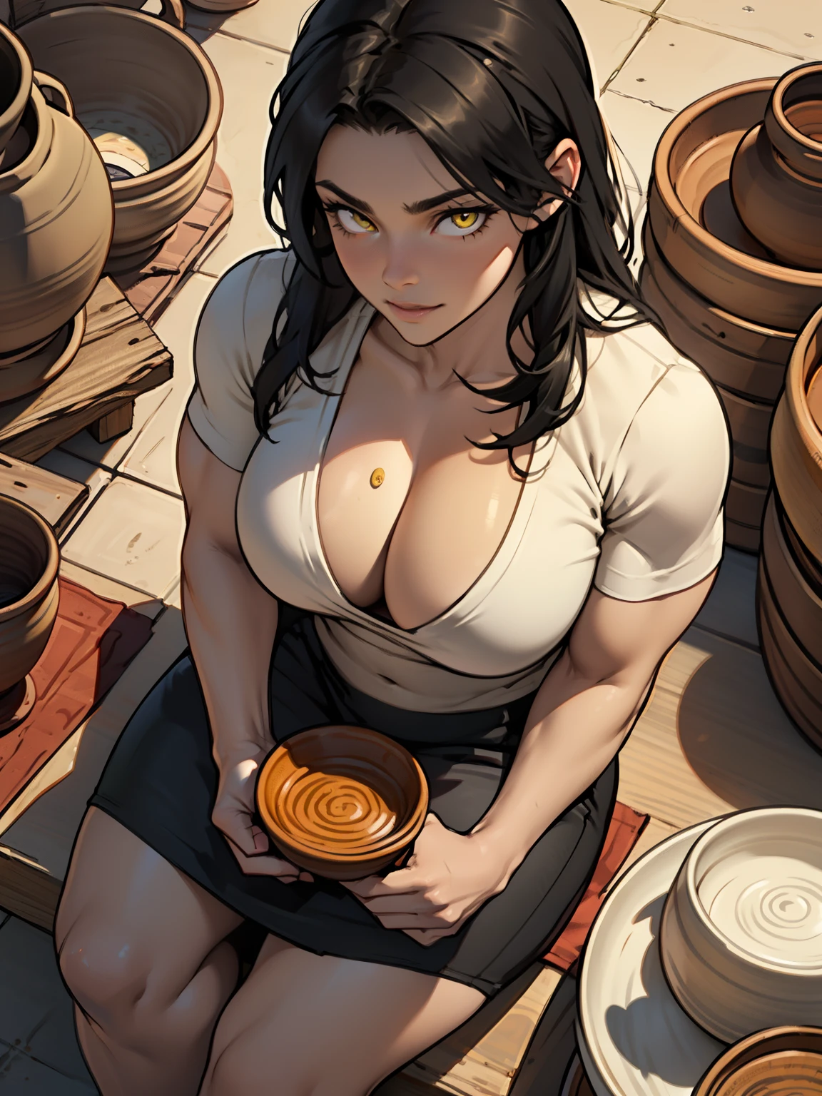 Rey star wars, ultra realistic, overflowing breasts, big thighs, looking at her ass, ripping clothes, huge breasts, red eyes, smile, one hand on her ass, one hand on her boob, round butt, focus on the side, in a desert hut, tight clothes