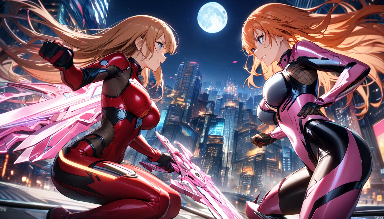  Adult Girls 、 long orange hair、 blue eyes、 cyborg、very tight transparent combat uniform、 cyberblade in hand 、transparent elements 、masterpiece、 top quality、Full HD、8k、 more details、 amazing graphics、Kokawa Asuka、 vs. Demon Shinobu suit、 bodystocking、 Future City、night、moon、