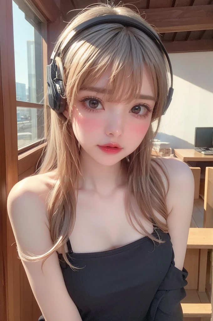 red eyeshadow, fluffy long hair, messy hair, (highest quality,4k,8K,High resolution,masterpiece:1.2),Beautiful woman,16 years old,bikini,35mm lens,f/1,cowboy shot,big breasts,middle hair、No bangs,seductive pose,soft sunlight,Bright colors,playful expression