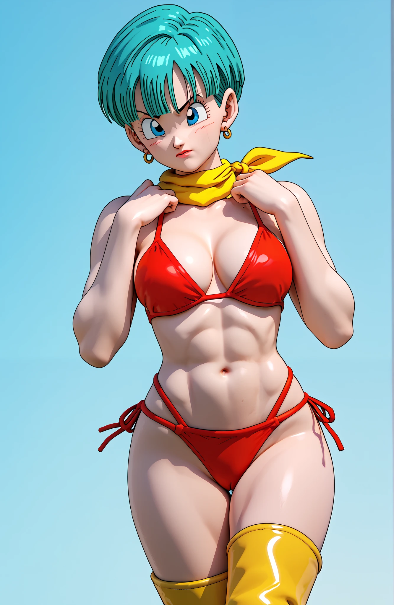 bulma, aqua blue hair, blue eyes, yellow scarf wrapped around neck, red swinsuit , yellow boots, trailers.bikini, 3d