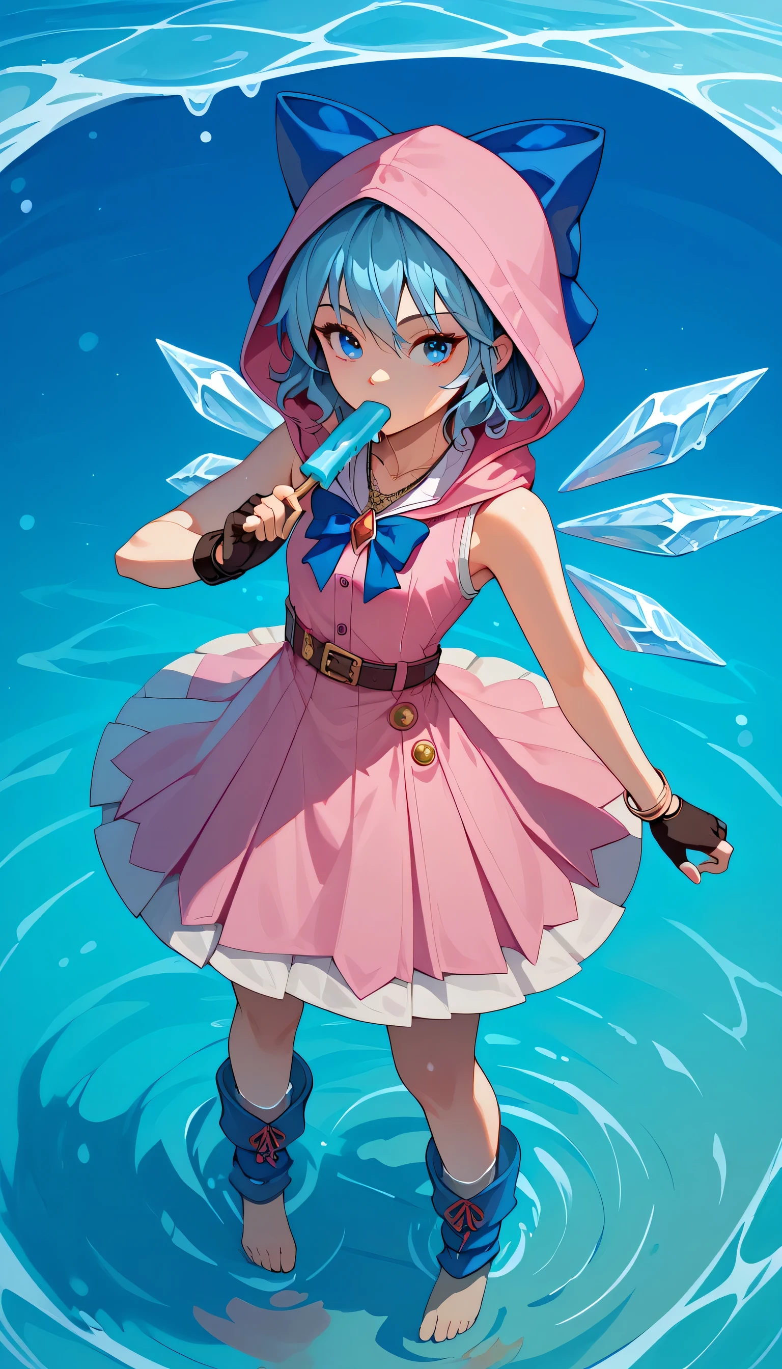 , 1girls, solo, female_focus, food, popsicle, wading, gloves, blue hair, fingerless_gloves, , water, hood, blue eyes, barefoot,dress, sleeveless, hood, sleeveless dress, bracelet, necklace, pink dress, buttons, hood down, boots, belt, zipper, belt buckle, pleated dress,Cirno
blue bow,  ice, ice wings, wings,Eating an ice cream popsicle 