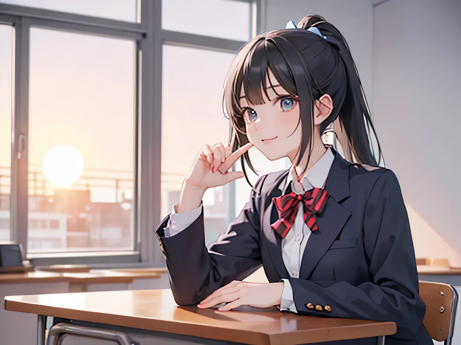 Front view, an after-school classroom illuminated by the setting sun, a high school girl with black hair in a high ponytail smiling and explaining while looking at her fingers and counting, wearing a navy blue blazer with a ribbon.