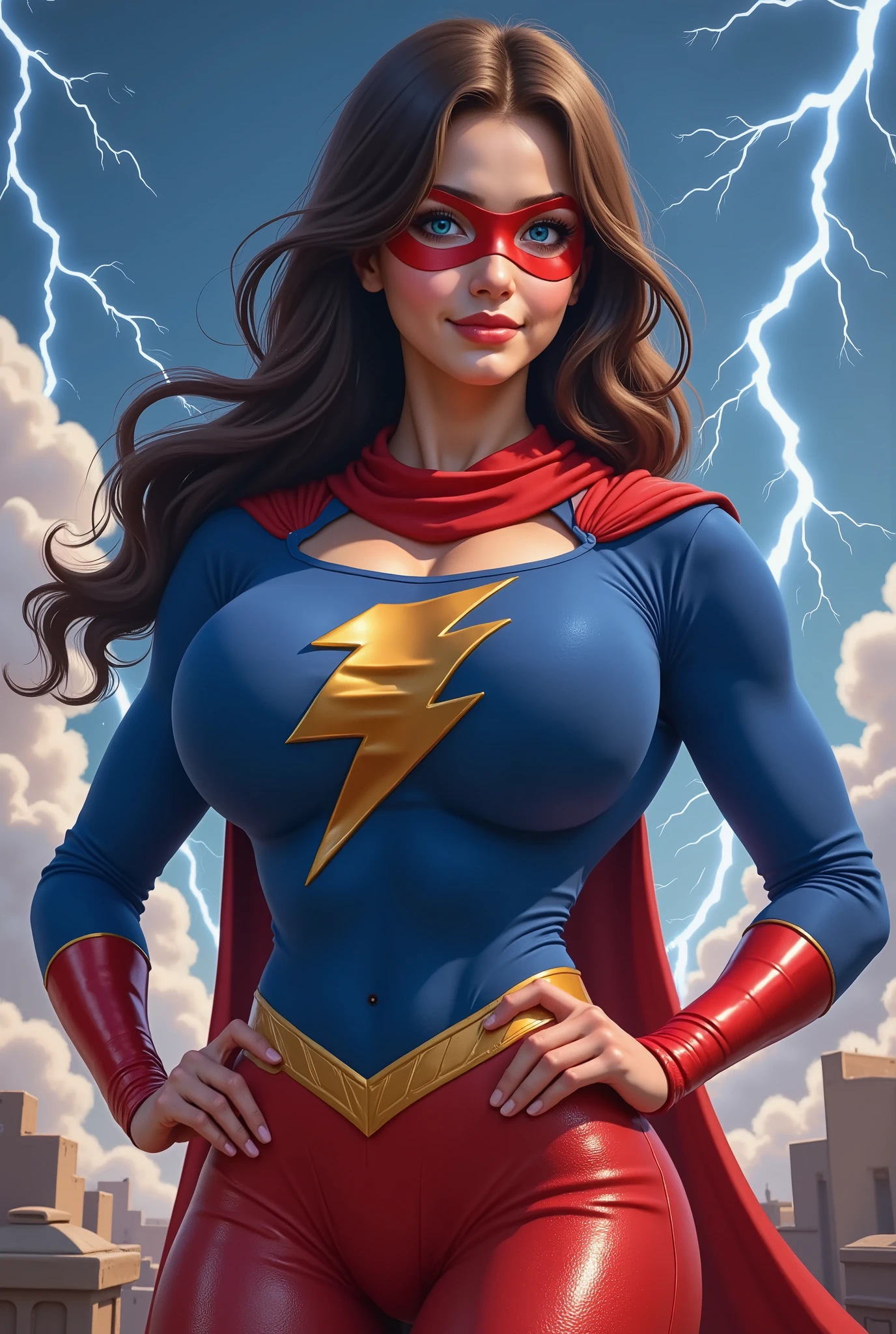 REALISTIC STYLE. A SEXY TEEN BRUNETTE FEMALE. WEARING A BLUE FULL LENGTH SHIRT WITH A GOLD SLANTED LIGHTNING BOLT ON THE BLUE SHIRT. UNDERNEATH THE BLUE SHIRT IS A FULL RED BODY SUIT COMPLETE WITH A RED SCARF AROUND HER WAIST, RED BOOTS, A LONG RED SCARF AROUND HER NECK. DAZLING BLUE EYES, AND A RED DOMINO EYE MASK. LIGHTNING BOLTS STRIKING HER CHEST. LONG HAIR, BREASTS, HIGH RESOLUTION, BEST QUALITY, DETAIL, HIGH DETAILS, SUPER DETAILED, TEXTURED SKIN, BACKGROUND.