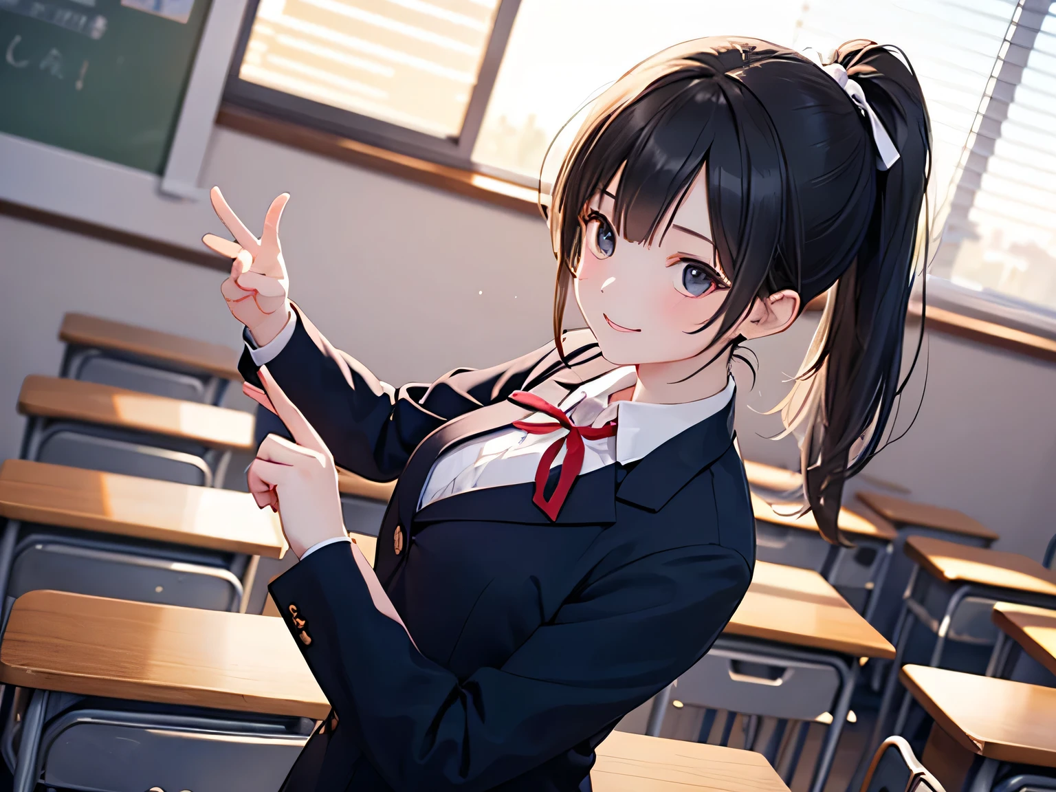 Front view, an after-school classroom lit by the setting sun, a high school girl with black hair in a high ponytail, looking at her fingers with a mischievous smile and explaining while counting, wearing a navy blue blazer with a ribbon.