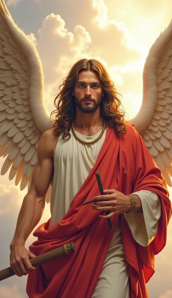 "Please create a realistic image depicting the biblical scene in which Jacob wrestles with the angel. In this image, Jacob should be portrayed as a middle-aged man with a beard and long hair, wearing a flowing robe. He should have an intense facial expression, showing effort and determination in his struggle. The angel should be depicted as a celestial figure with majestic, shining wings and a soft glow emanating from their body. The scene should take place in a nighttime setting, with stars shining in the sky. The setting can be an open field or a rocky location. Please include additional details such as Jacob's torn clothing and small symbolic elements that reference the spiritual struggle, such as a celestial ladder or a halo of divine light. Please pay attention to detail and lighting to create a striking and realistic image."