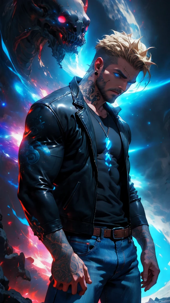 (masterpiece, realistic, best quality, (beautiful and aesthetic:1.4), extremely detailed), (dark fantasy:1.4), (((rough 35 years old male), Lean frame,  Eldritch Entity, 183 cm, ethereal build, piercing blue eyes, faint luminescence, short messy blond hair, intricate runic tattoos, ancient runic tattoos, mystical amulets, (leather jacket, t-shirt, jeans), living tattoos, cosmic energy, ancient artifact, multidimensional traveler, terrifying true form, cosmic glow, alien presence)), (in underworld, hell, dark scene), standing in dark shadow, dynamic pose, cinematic lighting, r1ge, (detailed weathered skin), (solo:1.3), (1male:1.4), (elegant, intricate, digital photography, high quality, CG, 4k, extremely detailed, sharp, HDR), earth \(planet\),