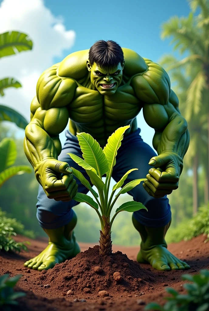 Hulk is gardening, carefully planting flowers in the yard