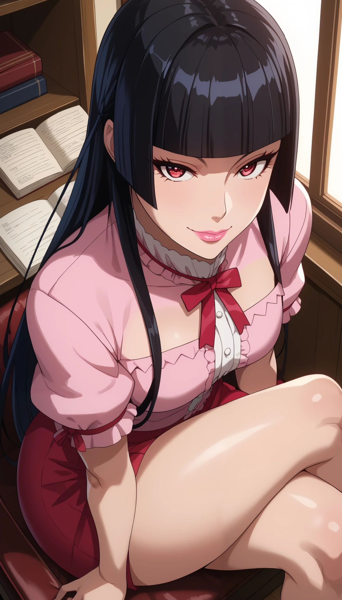 score_9, score_8_above, score_7_above, score_6_above, score_5_above, score_4_above, source_anime, tag1, Rotulo2, quality_  masterpiece  , Anatomically Correct ,  pretty face,  s  , Highly detailed  pretty face and eyes, attractive face,  detailed face  ,  Delicate facial features ,  detailed skin,  wide hips ,  big ass,  thick legs  ,  mature woman,  long hair ,  bedroom eyes  _ Of course, maternal face,  detailed eyes , sitting, corpo sexy,  pretty face,  Rory Mercury  ,  long hair ,  black hair,  red eyes  , fringe, blunt fringe, hime cut,  pink lips  , little woman, change, RoryMercury  , 1 , Alone,  with the mouth closed ,  light smile ,  long hair ,  black hair,  red eyes  , hime cut, blunt fringe, lipstick, sitting,  crossed legs  ,  looking at the viewer , inside the house, window, night, lua,  big boobs ,  without tape on hair , No tape , corpo sexy,  seductive face 
