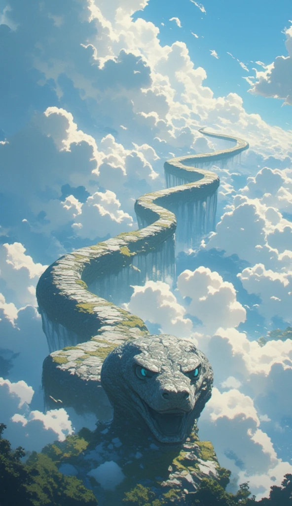 statue snake, snake path, endless path, snake head statue in the beginning of the path at the bottom of the image, above the snake head is its body which is an endless pathway into the cloud, the snake head facing the viewer, on clouds