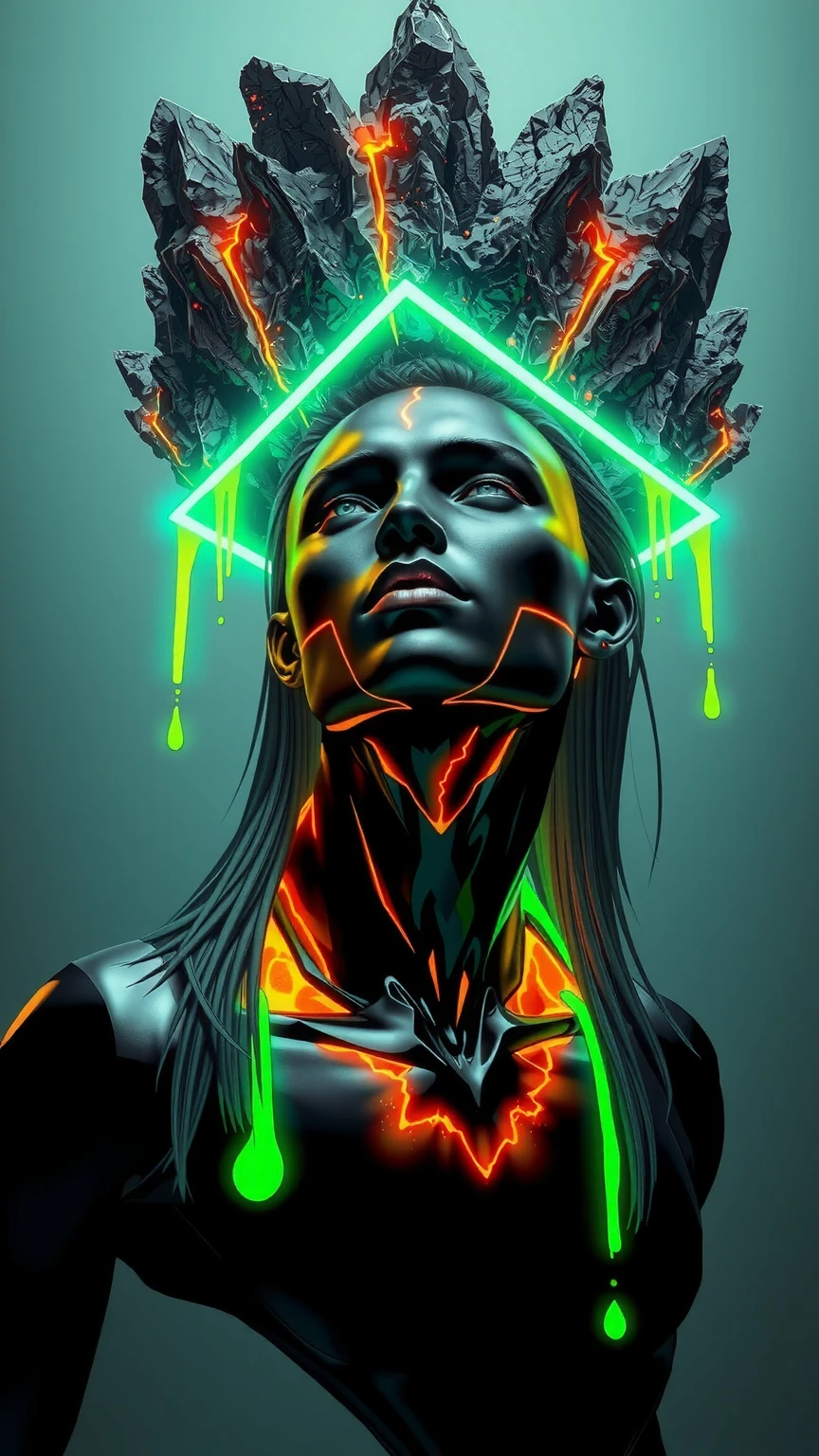 This image is a stunning portrayal of a futuristic male figure, blending hyper-realism with surrealist design. At its center is a humanoid bust, its surface an intricate interplay of polished, obsidian-like textures and sharp, angular cuts that streak across the face and neck. These obsidian fractures expose glowing, molten veins of orange and gold beneath the dark, glossy exterior, evoking the image of a living, volcanic entity. The smooth, black surface reflects light with an almost liquid brilliance, giving the figure a striking, otherworldly presence.

The face is sharp and angular, exuding strength and intensity. Long, flowing hair cascades around the head, merging seamlessly into the obsidian structure, with strands appearing almost as extensions of molten stone, glowing faintly at the tips. The figure’s expression is one of calm power, the head tilted upward as if transcending its physical form, lips closed in a contemplative pose.

Crowning the figure is a radiant, neon-green rectangle, cutting through jagged, volcanic rock formations that hover above the head. The glowing green plane emits a powerful luminescence, casting vivid light onto the face and hair while illuminating the cracks in the obsidian. Thick streams of fluorescent-green liquid drip from the edges of the rectangle and the rocks, their motion captured mid-flow, appearing alive as they cascade downward.

The backdrop is a minimalist gradient of muted cyan and gray, allowing the subject to dominate the composition. The contrast between the organic, rugged textures of the obsidian and the geometric precision of the glowing green rectangle highlights the tension between natural chaos and synthetic order. This artwork captures a transcendent male figure, both primal power and futuristic sophistication in a moment of cosmic balance.